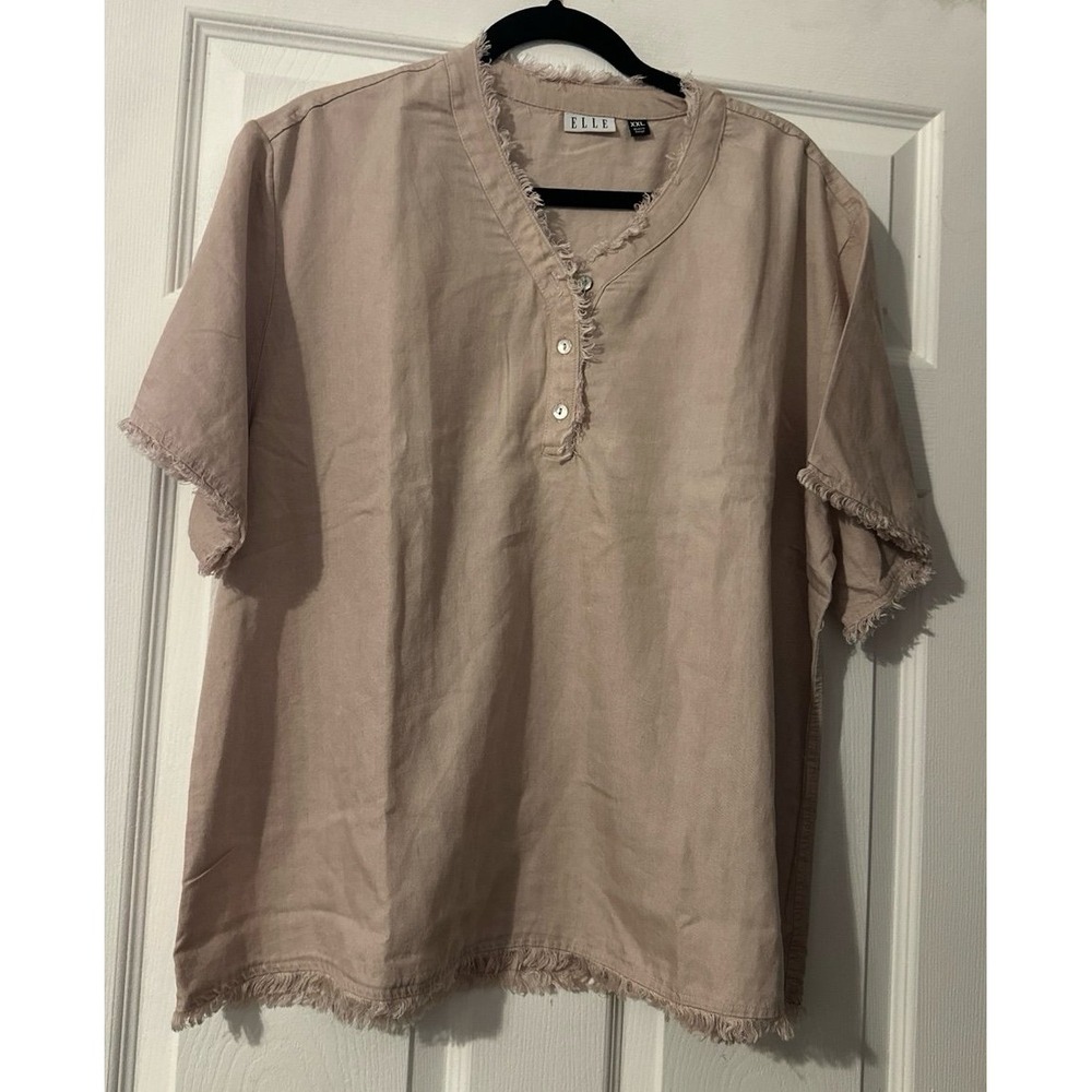 Elle Frayed V-Neck Light Pink Top | Short Sleeve Button Front Blouse XXL NEW